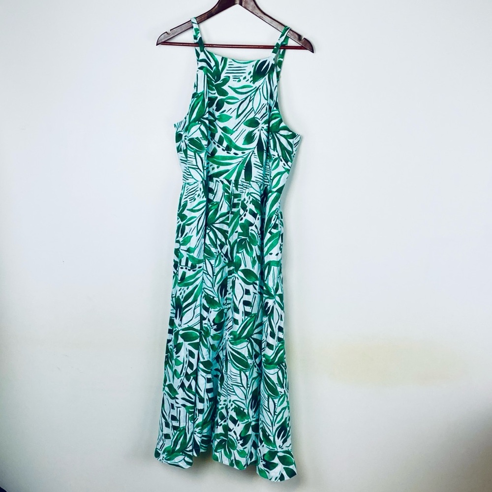 Tropical Green Leaf Print Linen Dress - Picture 2 of 7